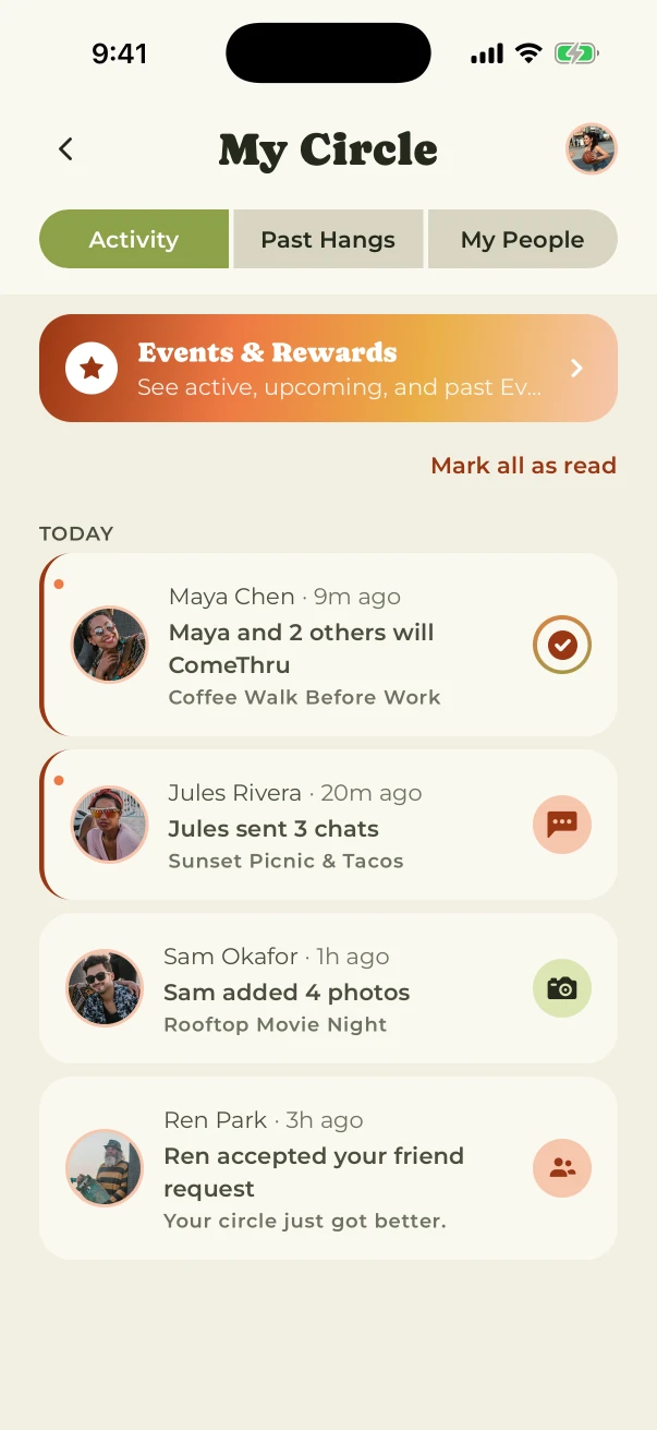 ComeThru Activity screen showing Hang updates, chats, and photos
