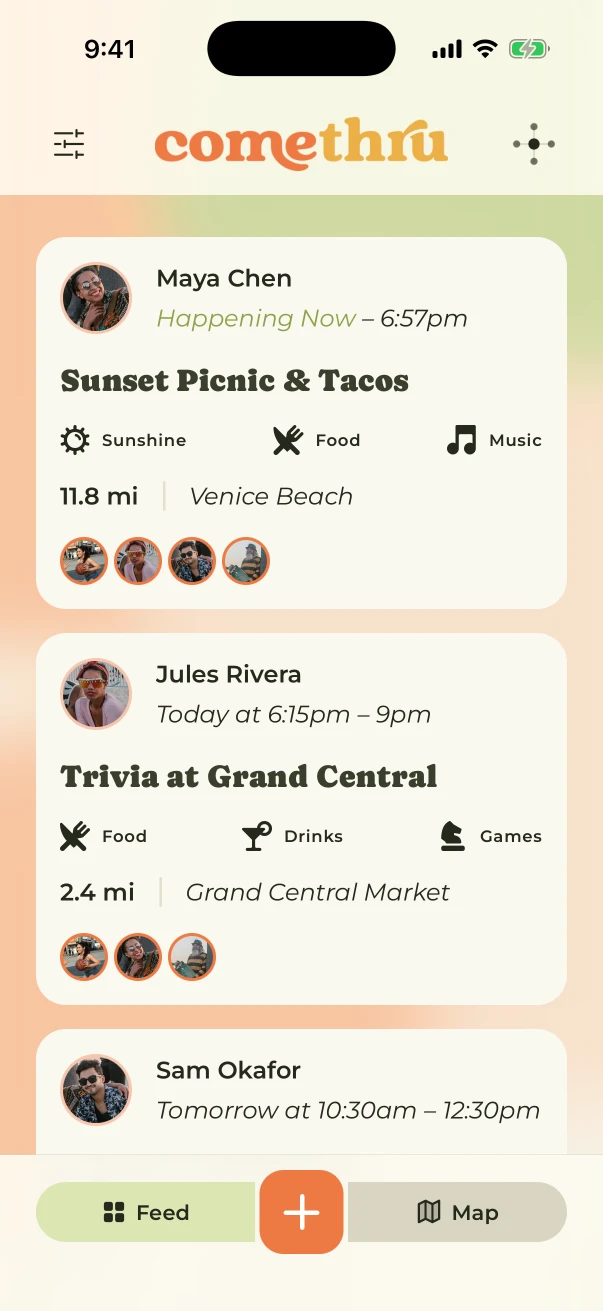 ComeThru Feed showing upcoming Hangs and attendee avatars