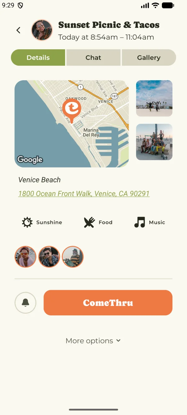 ComeThru Hang Detail showing the plan, venue photos, map, friends, reminder bell, and ComeThru action