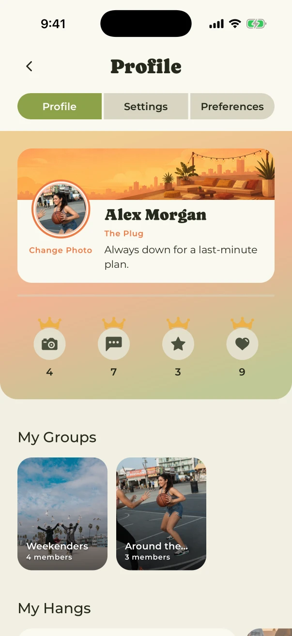 ComeThru Profile showing groups, awards, and Hang history